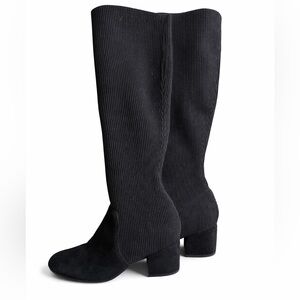 Eileen Fisher Black Suede Knee High Boots 7 Stretch Block Heel Minimalist